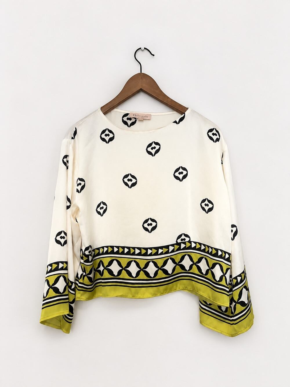 Philosophy Women Ivory Black Green Border Print Blouse Long Sleeve Boho Size SP
